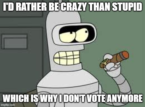 Bender | I'D RATHER BE CRAZY THAN STUPID; WHICH IS WHY I DON'T VOTE ANYMORE | image tagged in bender | made w/ Imgflip meme maker