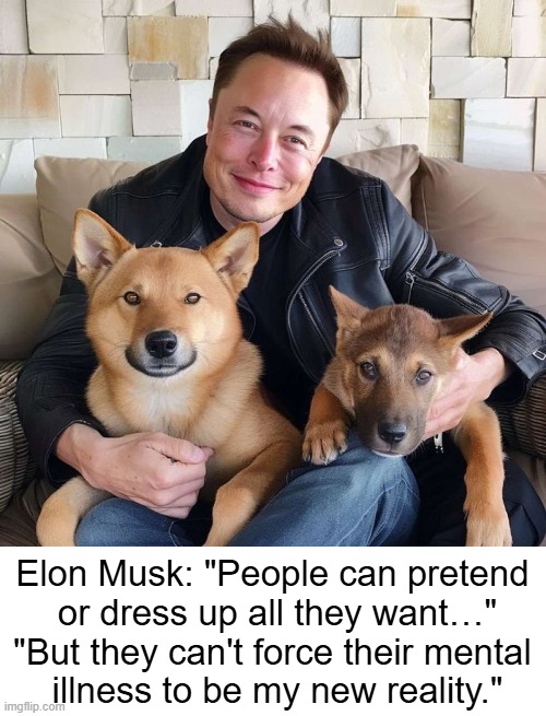 Recent Elon Musk Quote | Elon Musk: "People can pretend 
or dress up all they want…"

"But they can't force their mental 
illness to be my new reality." | image tagged in elon musk,true,quote,mental health,confusion,identity | made w/ Imgflip meme maker