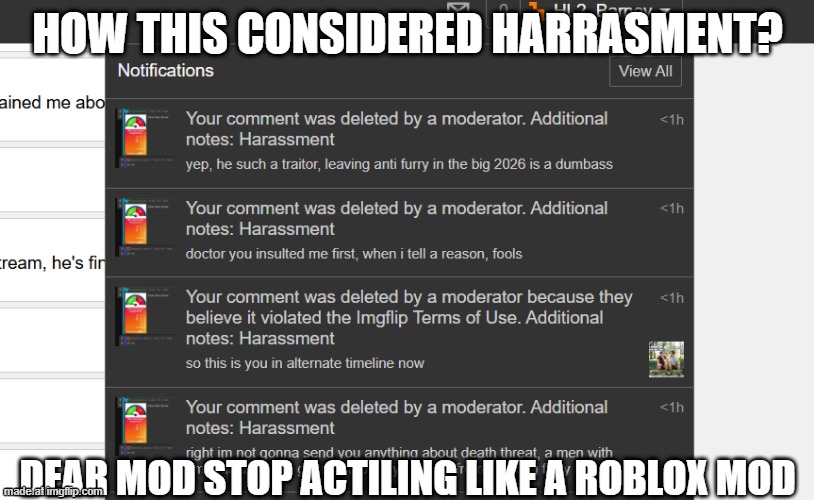 HOW THIS CONSIDERED HARRASMENT? DEAR MOD STOP ACTILING LIKE A ROBLOX MOD | made w/ Imgflip meme maker