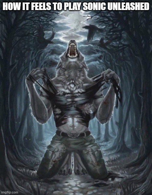 Where my werehog enthusiasts at? | HOW IT FEELS TO PLAY SONIC UNLEASHED | image tagged in wolf ripping shirt,sonic the hedgehog | made w/ Imgflip meme maker