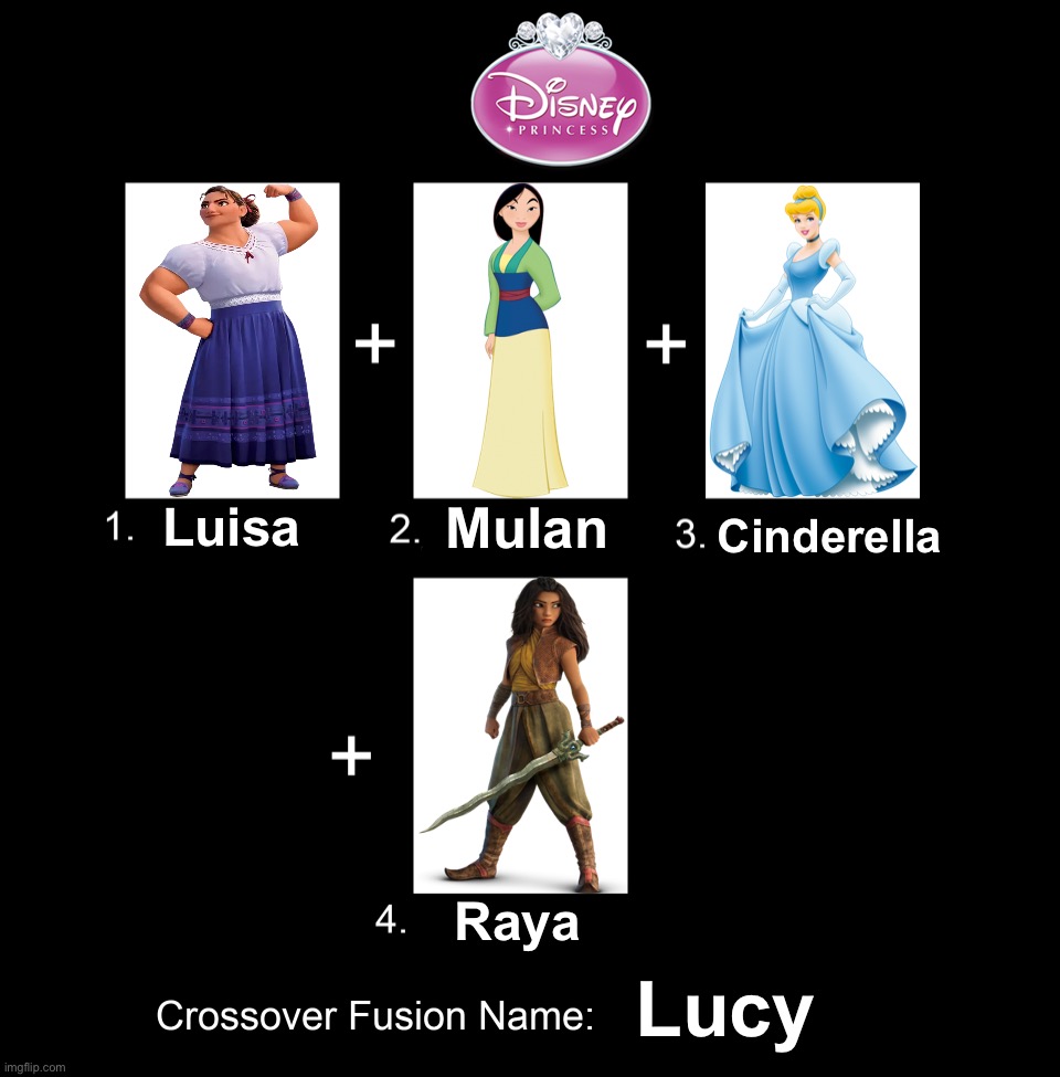 Disney Princess Fusion - Luisa Teams Up With Princesses | Cinderella; Luisa; Mulan; Raya; Lucy | image tagged in crossover fusion - 4 characters template,encanto,encanto meme,disney princess,luisa madrigal,disney princesses | made w/ Imgflip meme maker