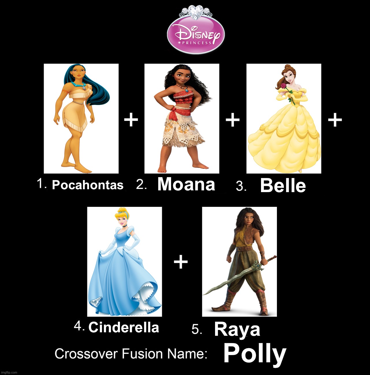 Disney Princess Fusion - Pocahontas Moana Belle Cinderella and Raya | Moana; Belle; Pocahontas; Cinderella; Raya; Polly | image tagged in crossover fusion - 5 characters template,disney princess,princess,princesses,disney princesses,disney | made w/ Imgflip meme maker