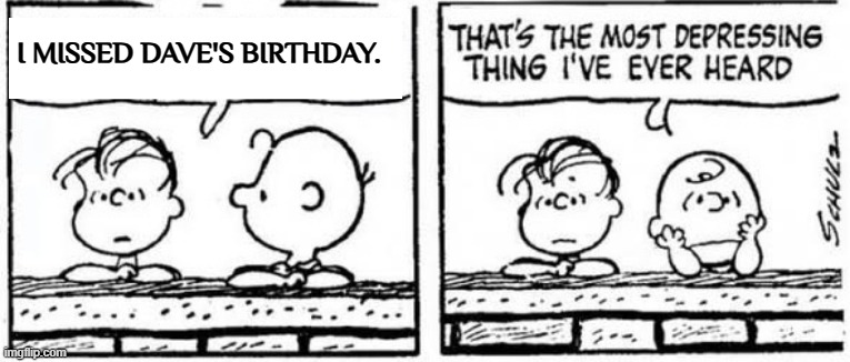 Linus missed Dave's Birthday | I MISSED DAVE'S BIRTHDAY. | image tagged in happy birthday,dave,peanuts,charlie brown,linus | made w/ Imgflip meme maker