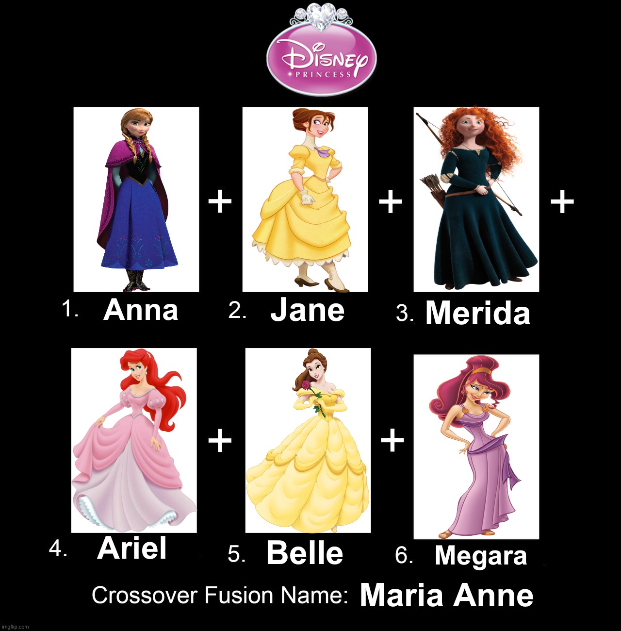 Disney Princess Fusion - Anna Jane and Megara Teams Up With Ariel Belle and Merida | Jane; Anna; Merida; Ariel; Megara; Belle; Maria Anne | image tagged in crossover fusion - 6 characters template,disney princess,disney princesses,disney,princess,princesses | made w/ Imgflip meme maker