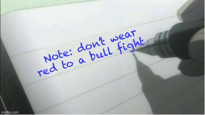 death note blank | Note: don’t wear red to a bull fight | image tagged in death note blank | made w/ Imgflip meme maker