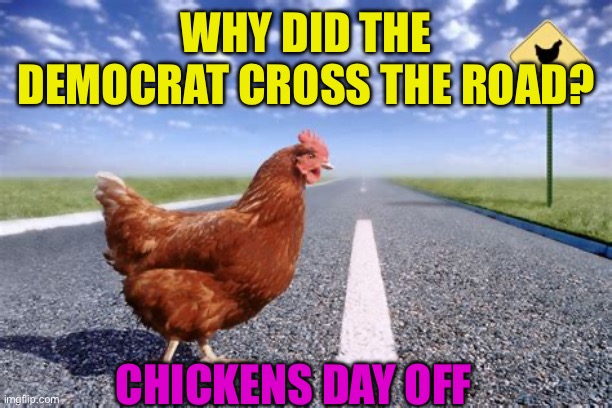 Democrats can’t even decide on what’s best for America | WHY DID THE DEMOCRAT CROSS THE ROAD? CHICKENS DAY OFF | image tagged in chicken,democrats,democratic socialism,incompetence | made w/ Imgflip meme maker