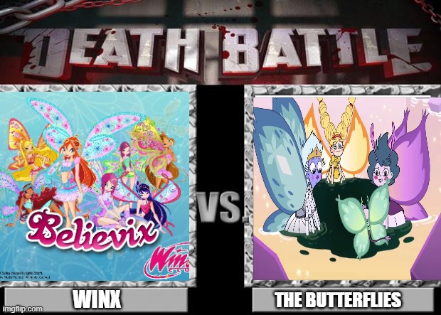 bloom stella flora tecna musa aisha and roxy vs star moon elipsa and metroa | WINX; THE BUTTERFLIES | image tagged in death battle | made w/ Imgflip meme maker