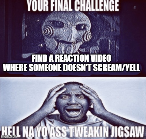 your final challenge | FIND A REACTION VIDEO WHERE SOMEONE DOESN'T SCREAM/YELL | image tagged in your final challenge | made w/ Imgflip meme maker