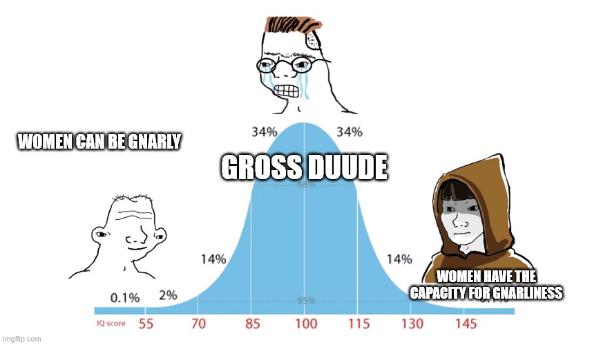 Midwit memes | GROSS DUUDE; WOMEN CAN BE GNARLY; WOMEN HAVE THE CAPACITY FOR GNARLINESS | image tagged in midwit memes | made w/ Imgflip meme maker