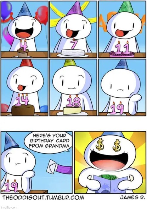 The Odd 1s Out | image tagged in comics,the odd 1s out,birthdays,cakes,birthday card,money | made w/ Imgflip meme maker