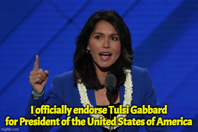 She was the first to call trump out | I officially endorse Tulsi Gabbard for President of the United States of America | image tagged in tulsi,presidential candidates,iran,israel,ww3,trump | made w/ Imgflip meme maker