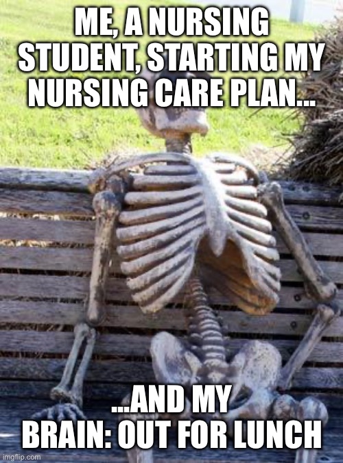Waiting Skeleton Meme | ME, A NURSING STUDENT, STARTING MY NURSING CARE PLAN... ...AND MY BRAIN: OUT FOR LUNCH | image tagged in memes,waiting skeleton | made w/ Imgflip meme maker