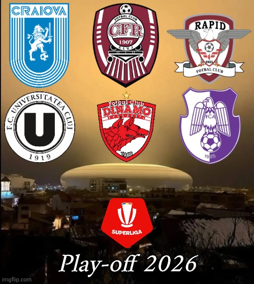 SuperLiga Play-off 2026 Poster | Play-off 2026 | image tagged in craiova,cfr cluj,rapid,superliga,dinamo,romania | made w/ Imgflip meme maker
