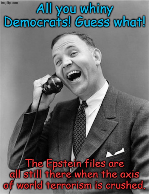 You'll still have plenty to whine about. Keep those preprinted protest signs coming. | All you whiny Democrats! Guess what! The Epstein files are all still there when the axis of world terrorism is crushed. | image tagged in vintage man on phone | made w/ Imgflip meme maker