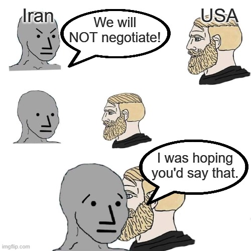 Iran won't negotiate | We will NOT negotiate! USA; Iran; I was hoping you'd say that. | image tagged in npc | made w/ Imgflip meme maker