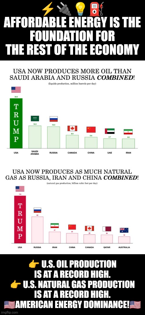 Affordable energy is the foundation for the rest of the economy | ⚡️🔌💡⛽️
AFFORDABLE ENERGY IS THE FOUNDATION FOR THE REST OF THE ECONOMY; 👉 U.S. OIL PRODUCTION IS AT A RECORD HIGH.
👉 U.S. NATURAL GAS PRODUCTION IS AT A RECORD HIGH.
🇺🇸AMERICAN ENERGY DOMINANCE!🇺🇸 | image tagged in affordability,economy,energy independence,oil,natural gas,trump | made w/ Imgflip meme maker