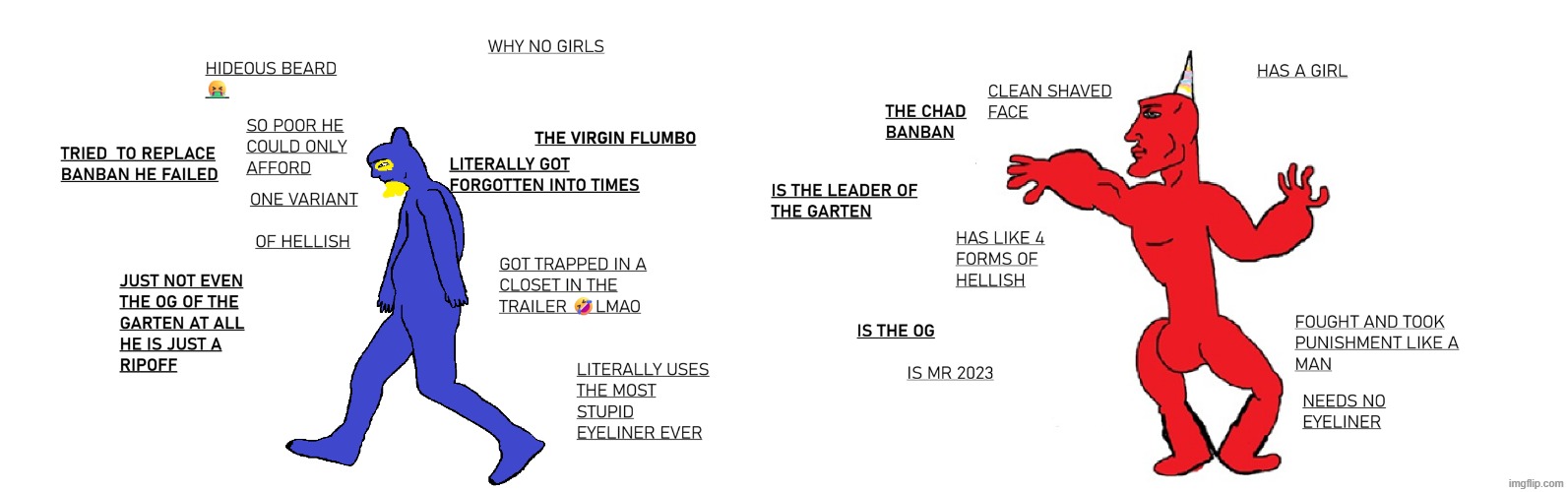 spreading the banban propaganda | image tagged in garten of banban,chad vs virgin | made w/ Imgflip meme maker