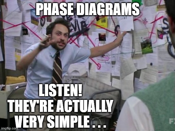 Phase Diagrams | PHASE DIAGRAMS; LISTEN!
THEY'RE ACTUALLY VERY SIMPLE . . . | image tagged in charlie day,pchem,thermo,phase | made w/ Imgflip meme maker