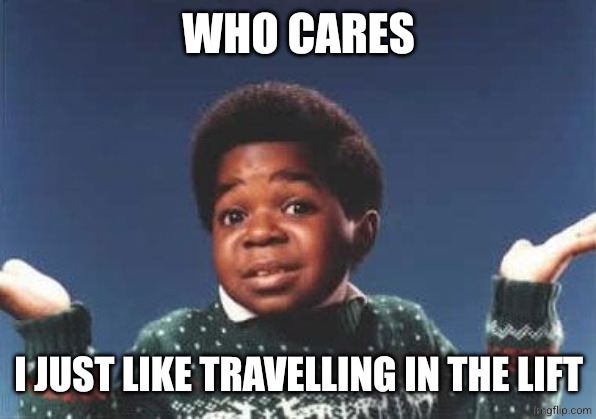 who cares | WHO CARES I JUST LIKE TRAVELLING IN THE LIFT | image tagged in who cares | made w/ Imgflip meme maker