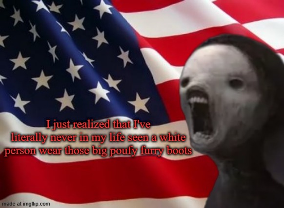 void lazy but patriotic | I just realized that I've literally never in my life seen a white person wear those big poufy furry boots | image tagged in void lazy but patriotic | made w/ Imgflip meme maker