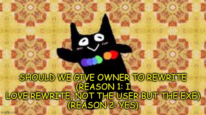 cae cat | SHOULD WE GIVE OWNER TO REWRITE
(REASON 1: I LOVE REWRITE, NOT THE USER BUT THE EXE)
(REASON 2: YES) | image tagged in cae cat | made w/ Imgflip meme maker