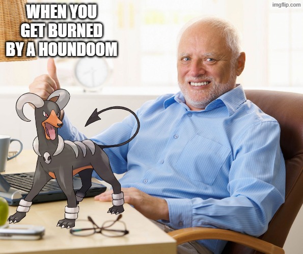 Burned by a Houndoom! | WHEN YOU GET BURNED BY A HOUNDOOM | image tagged in hide the pain harold,pokemon | made w/ Imgflip meme maker
