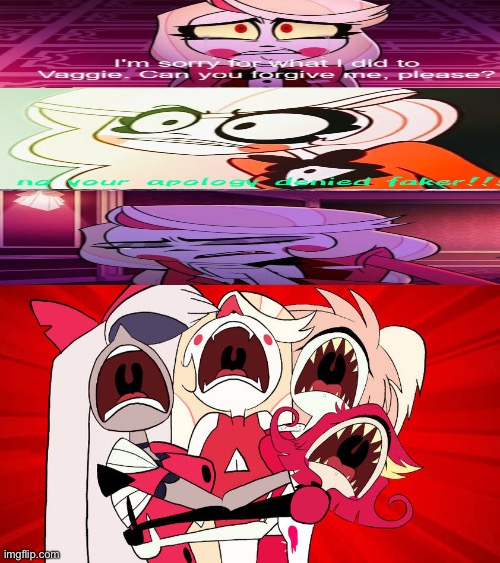 Charlie and friends are afraid of Beth William’s art (pilot and full series are both canon) | image tagged in game jolt,hazbin hotel,then and now | made w/ Imgflip meme maker