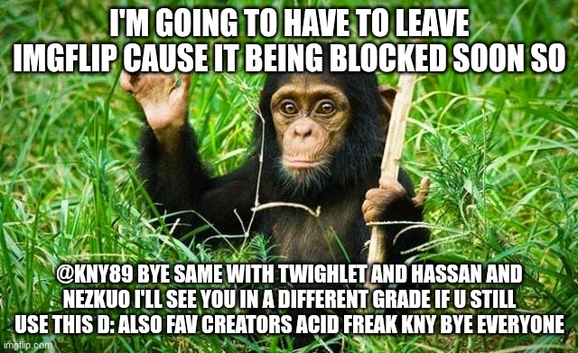 goodbye everyone mods please allow this | I'M GOING TO HAVE TO LEAVE IMGFLIP CAUSE IT BEING BLOCKED SOON SO; @KNY89 BYE SAME WITH TWIGHLET AND HASSAN AND NEZKUO I'LL SEE YOU IN A DIFFERENT GRADE IF U STILL USE THIS D: ALSO FAV CREATORS ACID FREAK KNY BYE EVERYONE | image tagged in goodbye | made w/ Imgflip meme maker