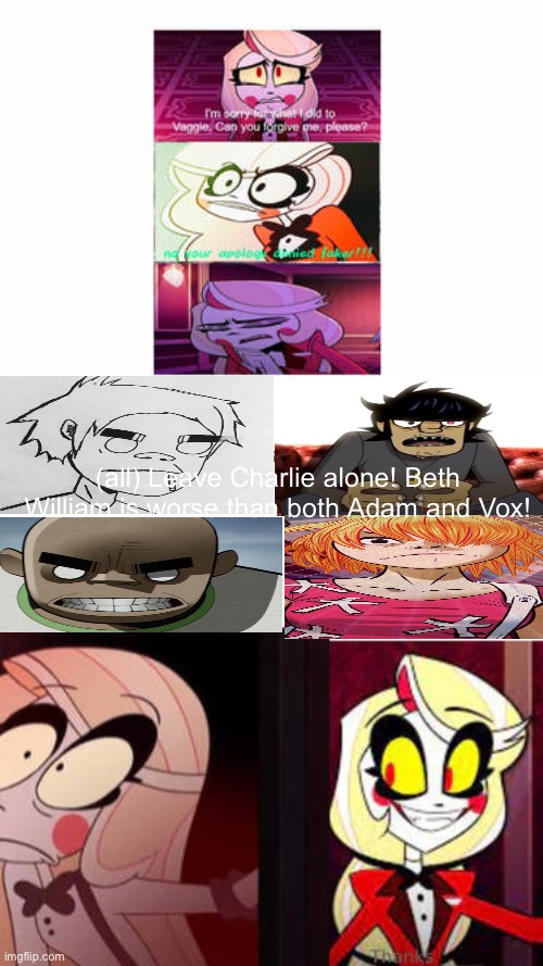Gorillaz saves Charlie from classic Charlie (also Beth William’s clone of classic Charlie) | (all) Leave Charlie alone! Beth William is worse than both Adam and Vox! | image tagged in game jolt,deviantart,hazbin hotel,gorillaz,defend,bethwilliam | made w/ Imgflip meme maker
