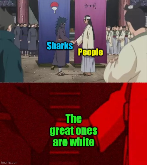 Naruto Handshake Meme Template | People; Sharks; The great ones are white | image tagged in naruto handshake meme template,sharks,people,great white shark,white,racist | made w/ Imgflip meme maker