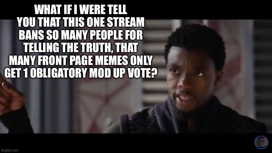 1 obligatory mod upvote for their front page memes! | WHAT IF I WERE TELL YOU THAT THIS ONE STREAM BANS SO MANY PEOPLE FOR TELLING THE TRUTH, THAT MANY FRONT PAGE MEMES ONLY GET 1 OBLIGATORY MOD UP VOTE? | image tagged in what gives people feelings of power | made w/ Imgflip meme maker