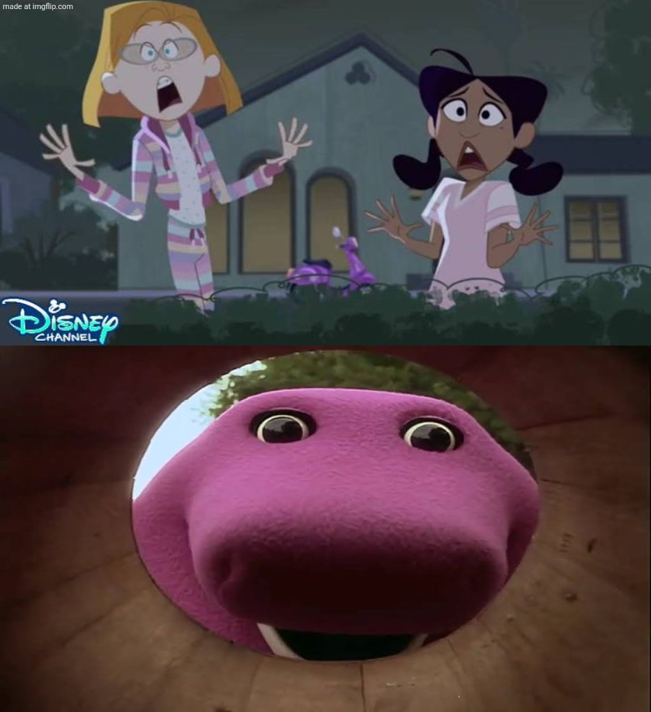 Zoey Howzer and Penny Proud scares Barney? | image tagged in what or who scares barney,deviantart,crossover,barney the dinosaur,disney,disney channel | made w/ Imgflip meme maker