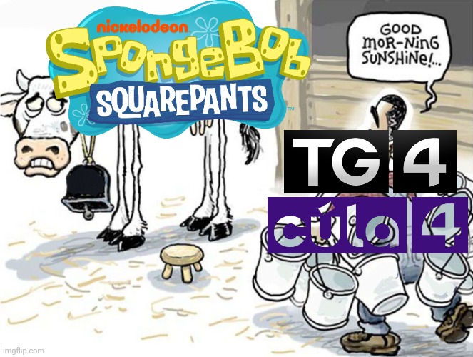 The Irish-language television station TG4 (formerly TnaG) regularly airs SpongeBob Squarepants. | image tagged in milking the cow,spongebob squarepants,tg4,cula 4,ireland,irish | made w/ Imgflip meme maker