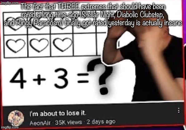 Aeonair is about to lost it | The fact that THREE extremes that should have been rated a long time ago (Stellar Night, Diabolic Clubstep, and Ringy Paracosm) finally got rated yesterday is actually insane | image tagged in aeonair is about to lost it | made w/ Imgflip meme maker