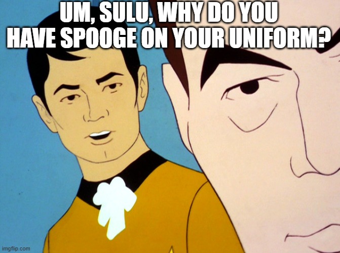 Dirty Sulu | UM, SULU, WHY DO YOU HAVE SPOOGE ON YOUR UNIFORM? | image tagged in uhura star trek | made w/ Imgflip meme maker