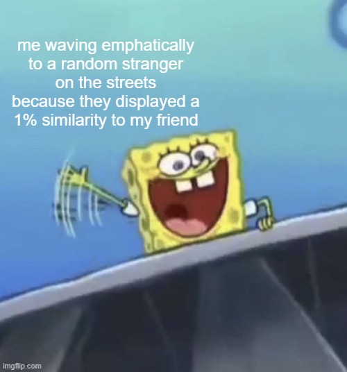 me waving emphatically to a random stranger on the streets because they displayed a 1% similarity to my friend | made w/ Imgflip meme maker
