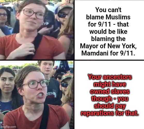 Triggered liberal woman nice and mean | You can't blame Muslims for 9/11 - that would be like blaming the Mayor of New York, Mamdani for 9/11. Your ancestors might have owned slaves though - you should pay reparations for that. | image tagged in triggered liberal woman nice and mean | made w/ Imgflip meme maker