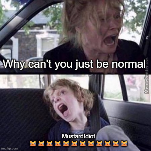 Bro thinks hes hillarious | Why can't you just be normal; MustardIdiot 😹😹😹😹😹😹😹😹😹😹😹😹 | image tagged in why can't you just be normal blank | made w/ Imgflip meme maker
