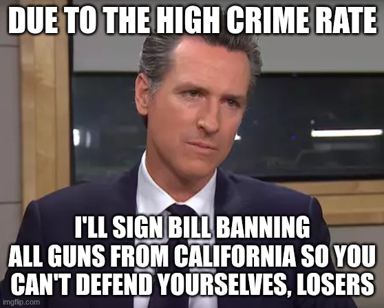 Governor California | DUE TO THE HIGH CRIME RATE; I'LL SIGN BILL BANNING ALL GUNS FROM CALIFORNIA SO YOU CAN'T DEFEND YOURSELVES, LOSERS | image tagged in governor california | made w/ Imgflip meme maker