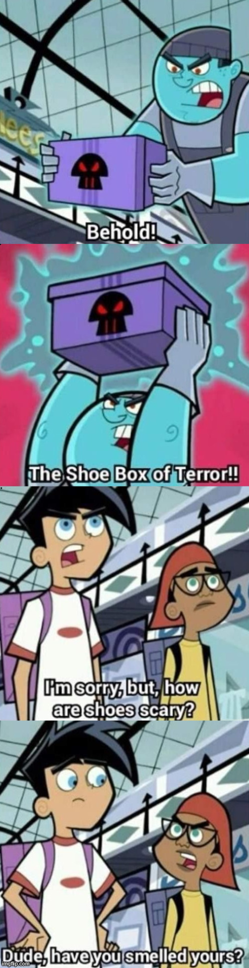 The Shoe Box of Terror | image tagged in danny phantom,memes,nickelodeon,lattice climbing,climbing memes,latticeclimbing | made w/ Imgflip meme maker