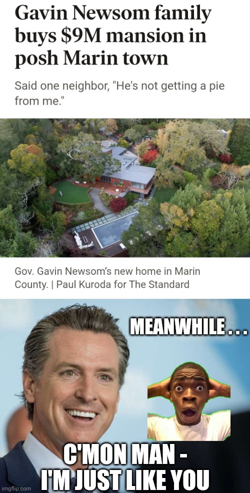 Gavin Sold You Out | MEANWHILE . . . C'MON MAN -
I'M JUST LIKE YOU | image tagged in gavin newsom,leftists,democratic socialism,liberals,vote,black lives matter | made w/ Imgflip meme maker