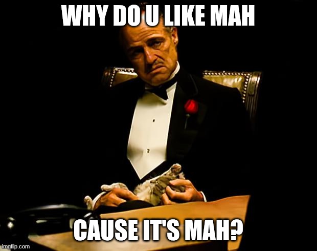 Godfather | WHY DO U LIKE MAH; CAUSE IT'S MAH? | image tagged in godfather | made w/ Imgflip meme maker