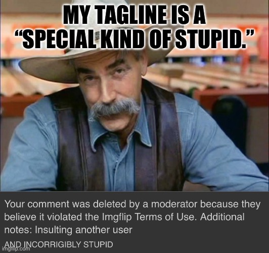MY TAGLINE IS A “SPECIAL KIND OF STUPID.” | image tagged in sam elliott special kind of stupid | made w/ Imgflip meme maker