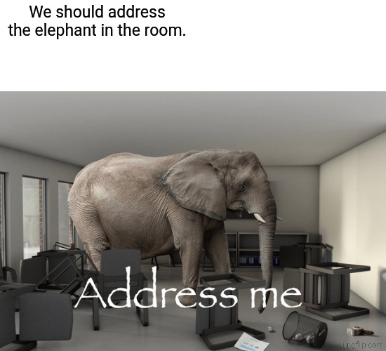 Literally! | We should address the elephant in the room. | image tagged in adress me elephant | made w/ Imgflip meme maker