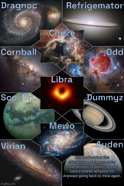 Space Temp | This post makes this officially break the record for moat amount of posts I've ever used a shared template for. Anyways going back to mine again. | image tagged in space temp | made w/ Imgflip meme maker