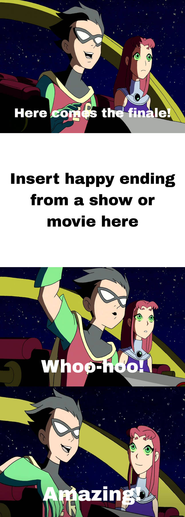 Robin (Teen Titans) cheers at what Happy Ending? Blank Meme Template