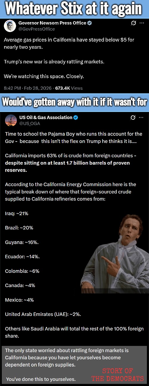 When all your interests are foreign, you can't act on what's right, and so you become a "politician" | Whatever Stix at it again; Would've gotten away with it if it wasn't for; STORY OF THE DEMOCRATS | image tagged in democrats,politics,gavin newsom,tweets,gas prices | made w/ Imgflip meme maker