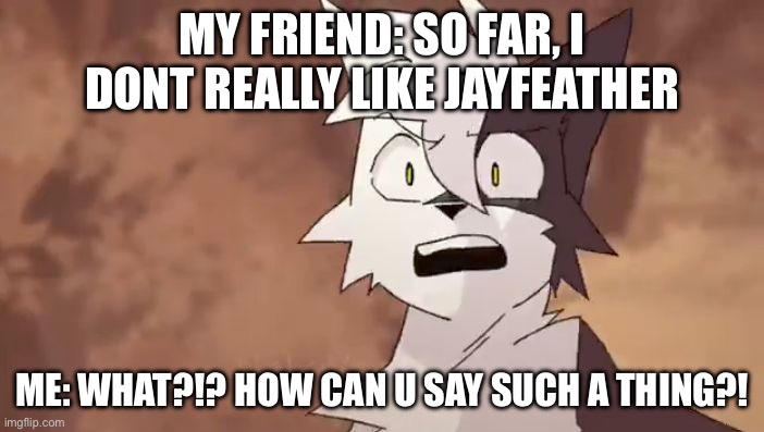 Whyyyyyyyy bro Jayfeather's so slaaaaaaaaaay | MY FRIEND: SO FAR, I DONT REALLY LIKE JAYFEATHER; ME: WHAT?!? HOW CAN U SAY SUCH A THING?! | image tagged in what,jay,feathers,is,awesome | made w/ Imgflip meme maker