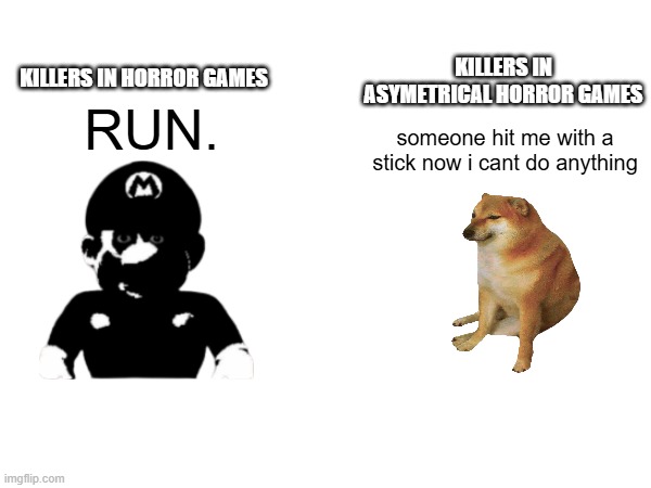 unless the game is killer sided (never) | KILLERS IN ASYMETRICAL HORROR GAMES; KILLERS IN HORROR GAMES; RUN. someone hit me with a stick now i cant do anything | image tagged in memes,relatable,horror,games,why are you reading the tags | made w/ Imgflip meme maker