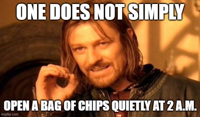 One Does Not Simply Meme | ONE DOES NOT SIMPLY; OPEN A BAG OF CHIPS QUIETLY AT 2 A.M. | image tagged in memes,one does not simply,funny,funny memes | made w/ Imgflip meme maker